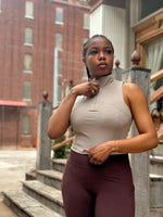 Load image into Gallery viewer, Mock Neck Zip Up Crop Top -TAUPE
